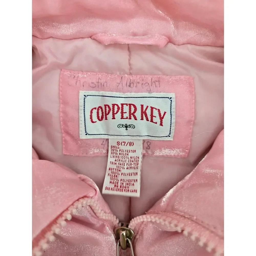 Vintage Y2K Copper Key Retro Cabincore Pink Shimmer Jacket with Faux‎ Fur Hood